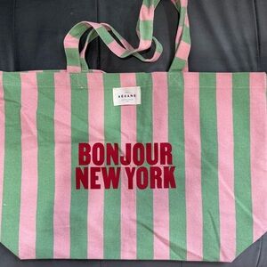 Pink and Green Striped Sezane Tote Bag